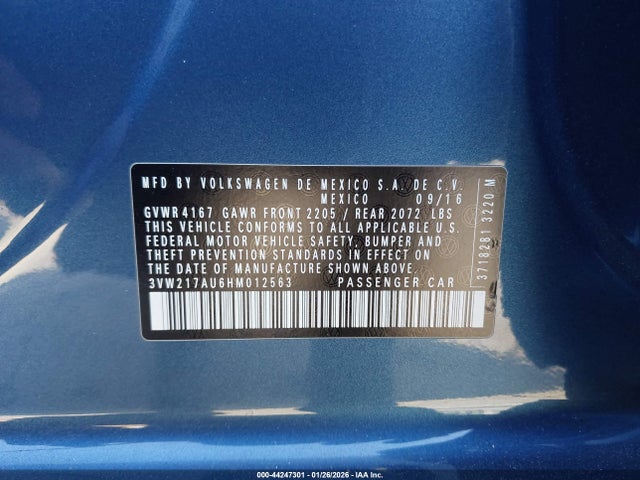 Продаж на аукціоні авто 2017 Volkswagen Golf, vin: 3VW217AU6HM012563, номер лоту: 44247301