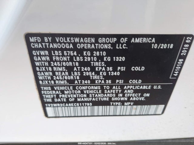 2019 VOLKSWAGEN ATLAS 1V2WR2CA6KC511793 Photo 8