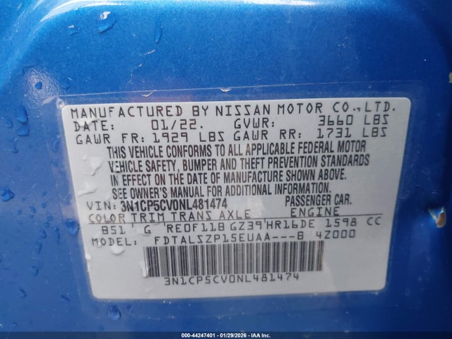 Aukcja sprzedaży 2022 Nissan Kicks Sv Xtronic Cvt, vin: 3N1CP5CV0NL481474, numer aukcji: 44247401
