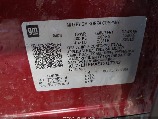 KL77LHEPXSC017333 Chevrolet Trax Fwd Lt