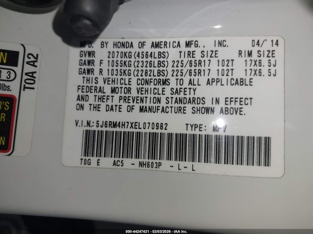 5J6RM4H7XEL070982 Honda Cr-v Ex-l