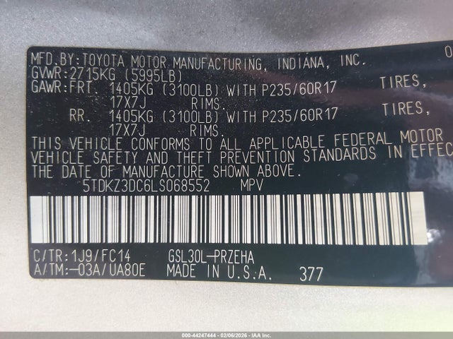 Aukcja sprzedaży 2020 Toyota Sienna Le, vin: 5TDKZ3DC6LS068552, numer aukcji: 44247444