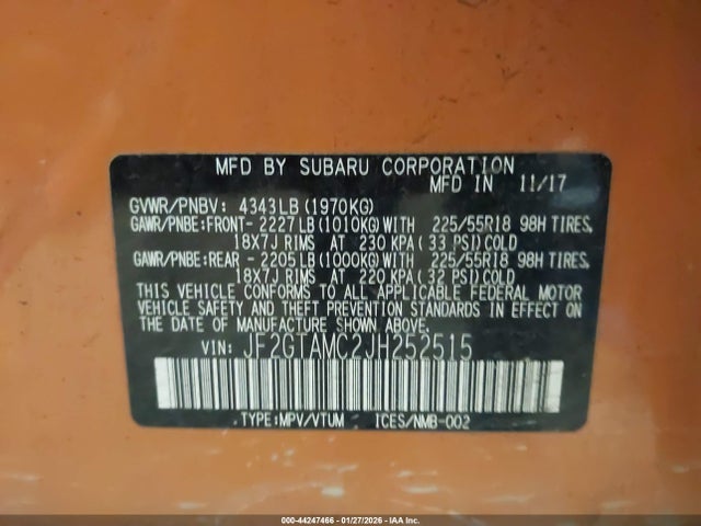 44247466 :رقم المزاد ، JF2GTAMC2JH252515 vin ، 2018 Subaru Crosstrek 2.0i Limited مزاد بيع