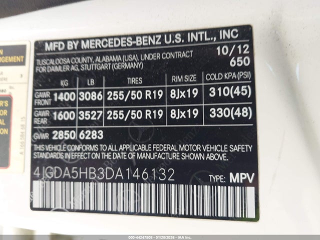 44247508 :رقم المزاد ، 4JGDA5HB3DA146132 vin ، 2013 Mercedes-benz Ml 350 4matic مزاد بيع