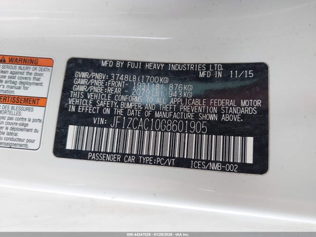 44247529 :رقم المزاد ، JF1ZCAC10G8601905 vin ، 2016 Subaru Brz Limited مزاد بيع