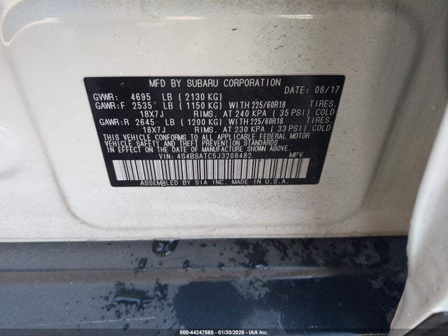 2018 Subaru Outback 2.5i Touring მანქანა იყიდება აუქციონზე, vin: 4S4BSATC5J3208482, აუქციონის ნომერი: 44247565