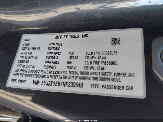 Продаж на аукціоні авто 2022 Tesla Model 3 Long Range Dual Motor All-wheel Drive, vin: 5YJ3E1EB7NF239648, номер лоту: 44247581
