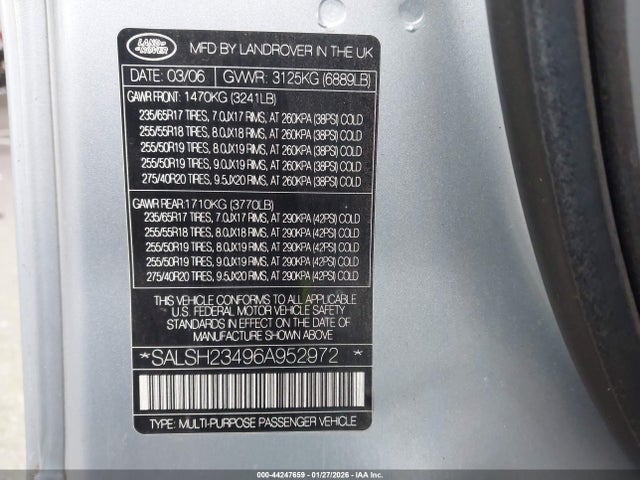 Aukcja sprzedaży 2006 Land Rover Range Rover Sport Sc, vin: SALSH23496A952972, numer aukcji: 44247659