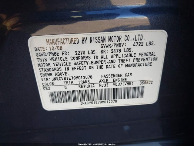 2009 Infiniti G37 Journey მანქანა იყიდება აუქციონზე, vin: JNKCV61E79M012078, აუქციონის ნომერი: 44247661