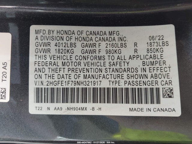 2HGFE1F79NH321917 Honda CIVIC EX