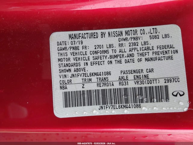 44247670 :رقم المزاد ، JN1FV7EL6KM441086 vin ، 2019 Infiniti Q60 3.0t Red Sport 400 مزاد بيع