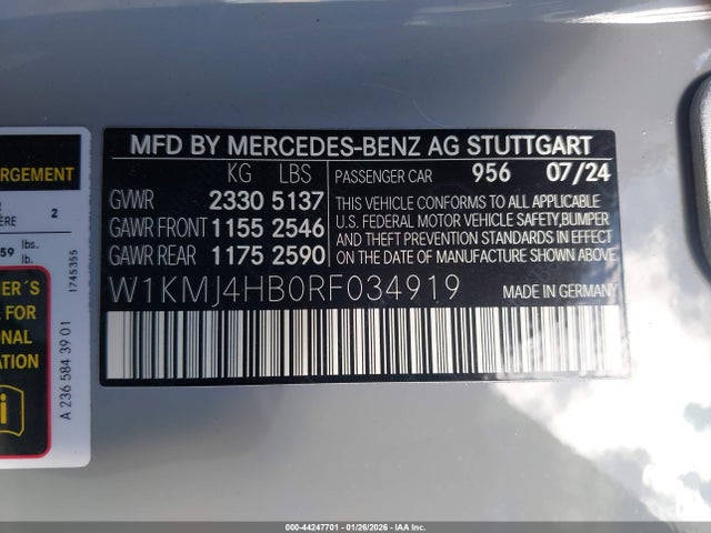 Aukcja sprzedaży 2024 Mercedes-benz Cle 300 4matic, vin: W1KMJ4HB0RF034919, numer aukcji: 44247701