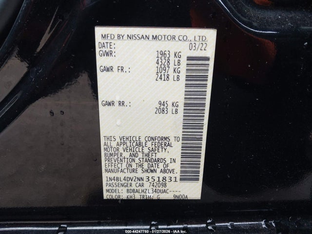1N4BL4DV2NN351831 Nissan Altima Sv Fwd