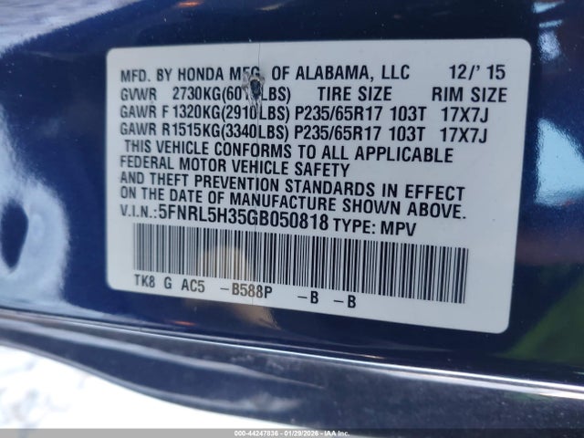 5FNRL5H35GB050818 Honda ODYSSEY SE
