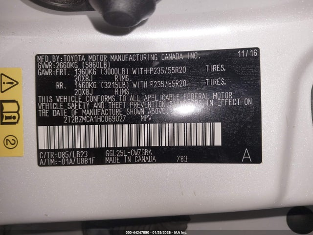 44247890 :رقم المزاد ، 2T2BZMCA1HC069027 vin ، 2017 Lexus Rx 350 مزاد بيع