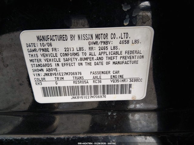 44247954 :رقم المزاد ، JNKBV61E27M706976 vin ، 2007 Infiniti G35 Journey مزاد بيع