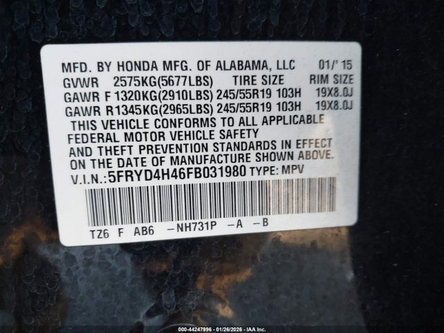 Aukcja sprzedaży 2015 Acura Mdx Technology Package, vin: 5FRYD4H46FB031980, numer aukcji: 44247996
