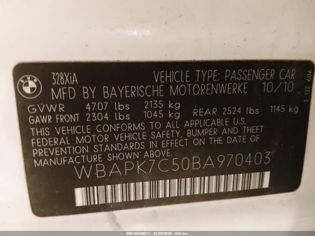 Продажа на аукционе авто 2011 Bmw 328i Xdrive, vin: WBAPK7C50BA970403, номер лота: 44248011