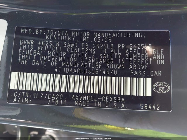 44248013 :رقم المزاد ، 4T1DAACK0SU614670 vin ، 2025 Toyota Camry Se مزاد بيع