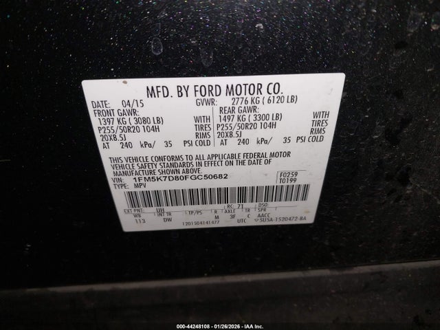 Ford EXPLORER XLT 2015 1FM5K7D80FGC50682 Image 9