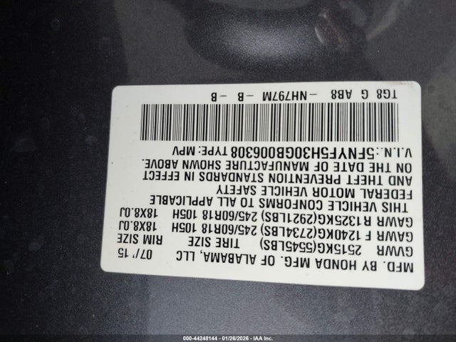 5FNYF5H30GB006308 Honda Pilot Ex