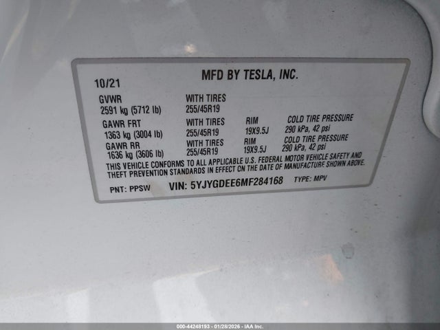 2021 TESLA MODEL Y 5YJYGDEE6MF284168 Photo 8