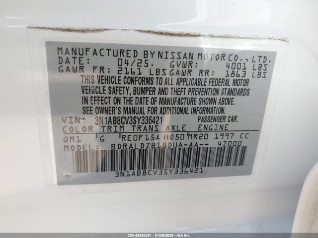 3N1AB8CV3SY336421 Nissan SENTRA SV