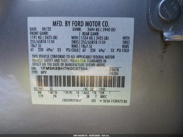 Aukcja sprzedaży 2022 Ford Explorer, vin: 1FMSK8BH7NGC07564, numer aukcji: 44248316