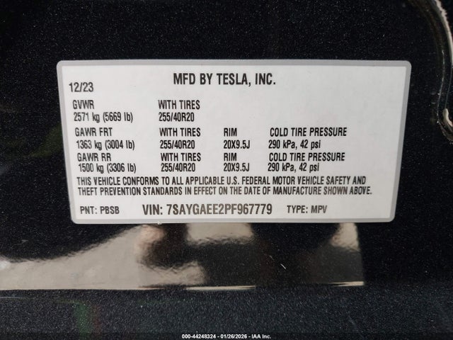 Продаж на аукціоні авто 2023 Tesla Model Y Awd/long Range Dual Motor All-wheel Drive, vin: 7SAYGAEE2PF967779, номер лоту: 44248324