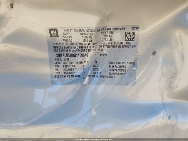 44248388 :رقم المزاد ، 2GNALBEK9G1158649 vin ، 2016 Chevrolet Equinox Ls مزاد بيع