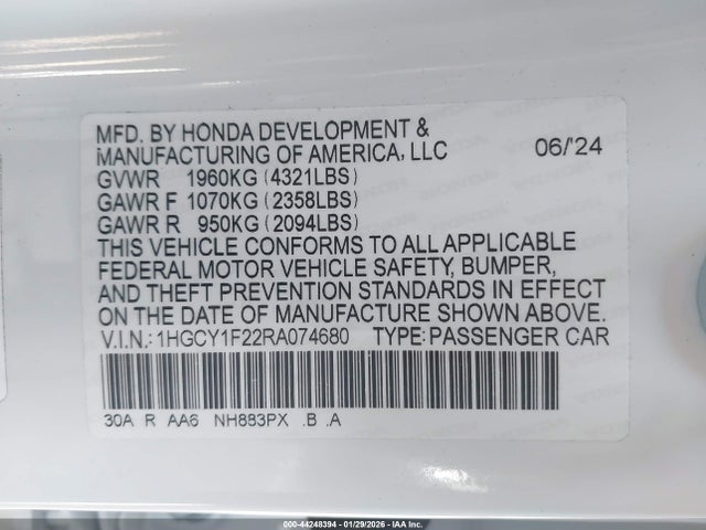 1HGCY1F22RA074680 Honda ACCORD LX