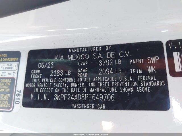 3KPF24AD8PE649706 KIA Forte Lxs