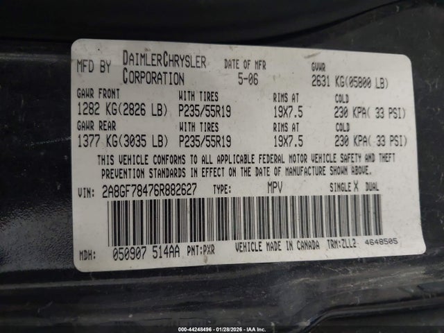 2006 Chrysler Pacifica Limited მანქანა იყიდება აუქციონზე, vin: 2A8GF78476R882627, აუქციონის ნომერი: 44248496