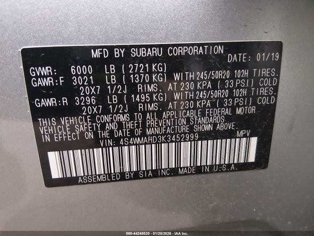 4S4WMAHD3K3452999 Subaru Ascent Premium