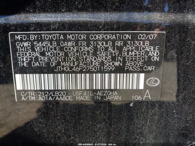 2007 LEXUS LS 460 JTHGL46F275011599 Photo 8