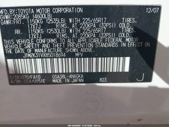 2008 Toyota Rav4 Limited V6 მანქანა იყიდება აუქციონზე, vin: JTMZK31VX85018694, აუქციონის ნომერი: 44248598