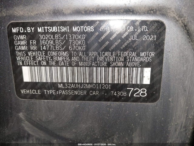 Продаж на аукціоні авто 2021 Mitsubishi Mirage Carbonite Edition/es/le, vin: ML32AUHJ2MH011201, номер лоту: 44248658