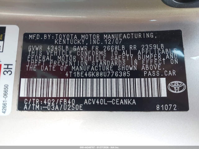 44248787 :رقم المزاد ، 4T1BE46K88U776385 vin ، 2008 Toyota Camry Le مزاد بيع