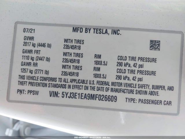 Продажа на аукционе авто 2021 Tesla Model 3 Standard Range Plus Rear-wheel Drive, vin: 5YJ3E1EA9MF026609, номер лота: 44248837