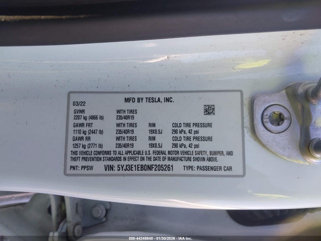 Продажа на аукционе авто 2022 Tesla Model 3 Long Range Dual Motor All-wheel Drive, vin: 5YJ3E1EB0NF205261, номер лота: 44248840