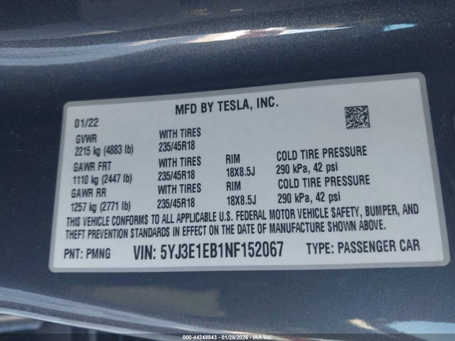 2022 TESLA MODEL 3 5YJ3E1EB1NF152067 Photo 8