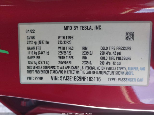 44248854 :رقم المزاد ، 5YJ3E1EC9NF163116 vin ، 2022 Tesla Model 3 Performance Dual Motor All-wheel Drive مزاد بيع