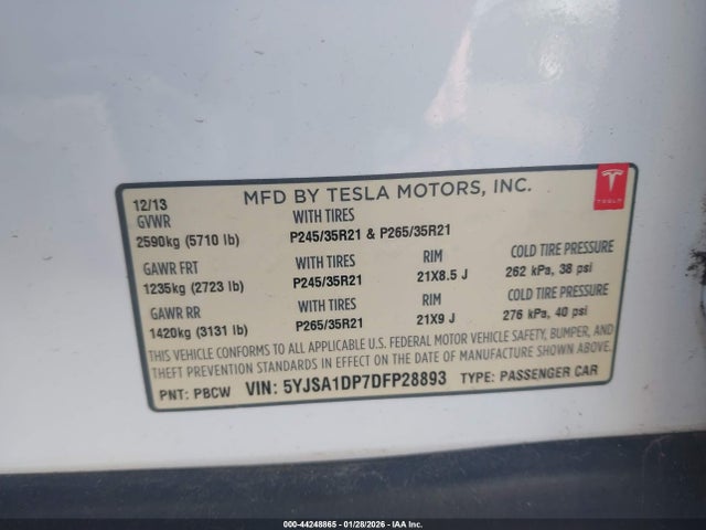 Aukcja sprzedaży 2013 Tesla Model S Performance, vin: 5YJSA1DP7DFP28893, numer aukcji: 44248865