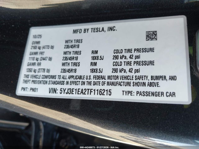 Aukcja sprzedaży 2026 Tesla Model 3 Premium Rear-wheel Drive/standard Rear-wheel Drive, vin: 5YJ3E1EA2TF116215, numer aukcji: 44248873
