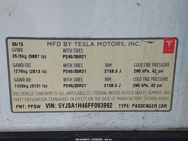 2015 Tesla Model S 85d/p85d მანქანა იყიდება აუქციონზე, vin: 5YJSA1H46FF093992, აუქციონის ნომერი: 44248874
