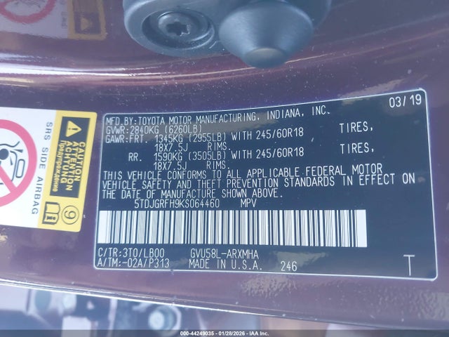 5TDJGRFH9KS064460 Toyota Highlander Hybrid Xle