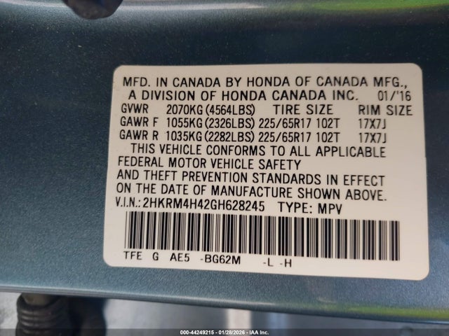 Продаж на аукціоні авто 2016 Honda Cr-v Se, vin: 2HKRM4H42GH628245, номер лоту: 44249215