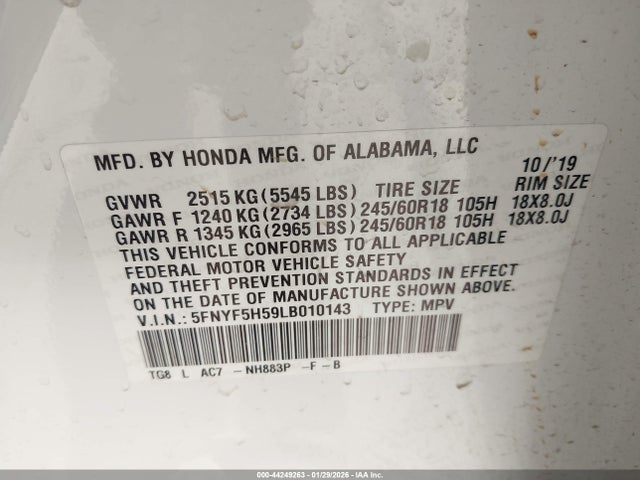 Honda Pilot 2wd Ex-l 2020 5FNYF5H59LB010143 Image 9