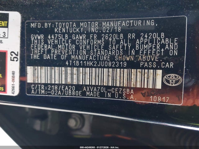 4T1B11HK2JU082319 Toyota CAMRY SE