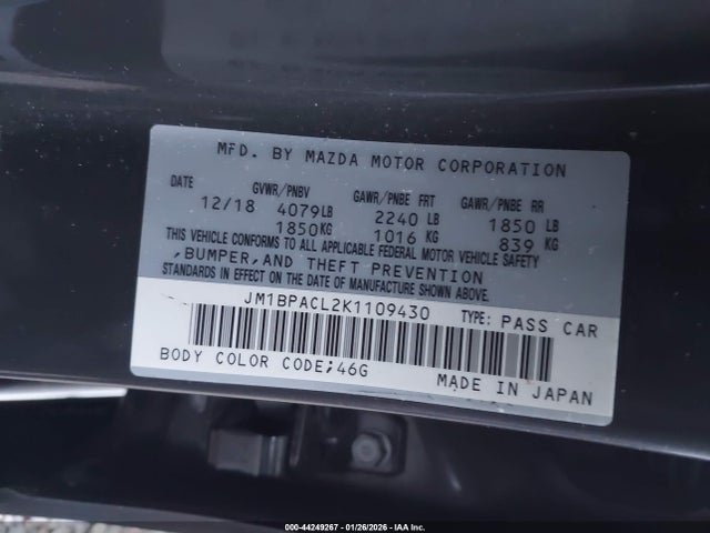 2019 Mazda Mazda3 Select Package მანქანა იყიდება აუქციონზე, vin: JM1BPACL2K1109430, აუქციონის ნომერი: 44249267